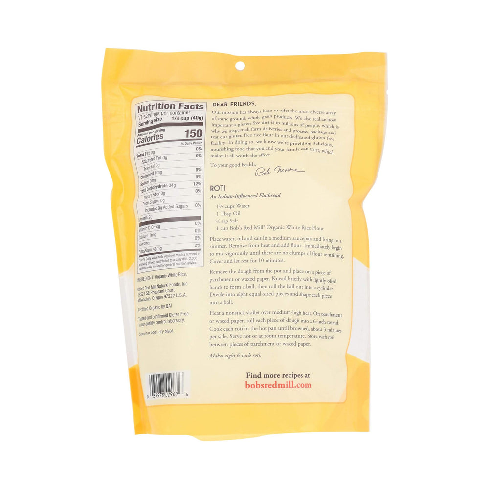 Gluten-free baking scene featuring Bob's Red Mill Organic White Rice Flour in a bowl.