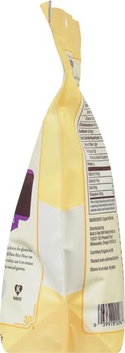 Kitchen scene showcasing organic label and measuring cup of rice flour for versatile gluten-free cooking.