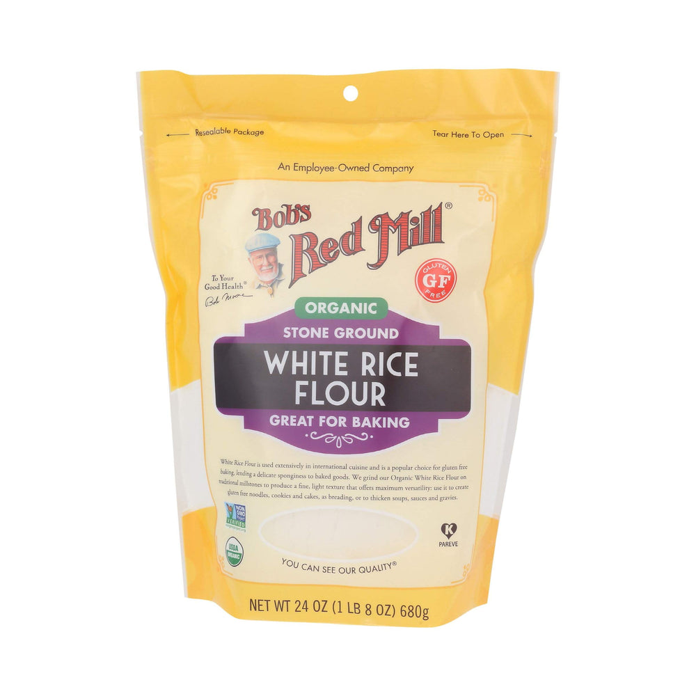 Bob's Red Mill Organic White Rice Flour packaging with organic label, great for gluten-free baking.