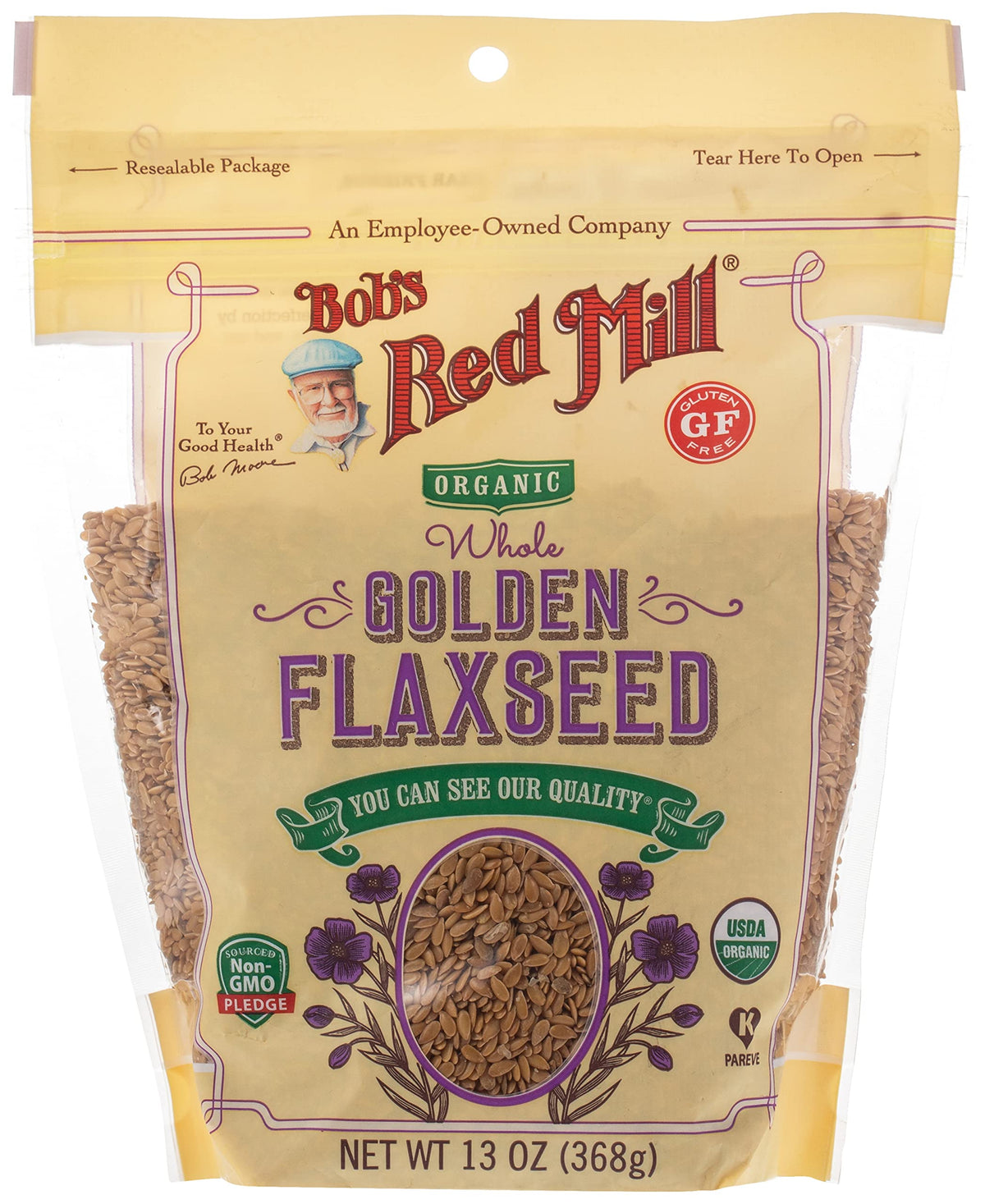 Bob's Red Mill Organic Whole Golden Flaxseed in resealable bag for easy sprinkling and baking