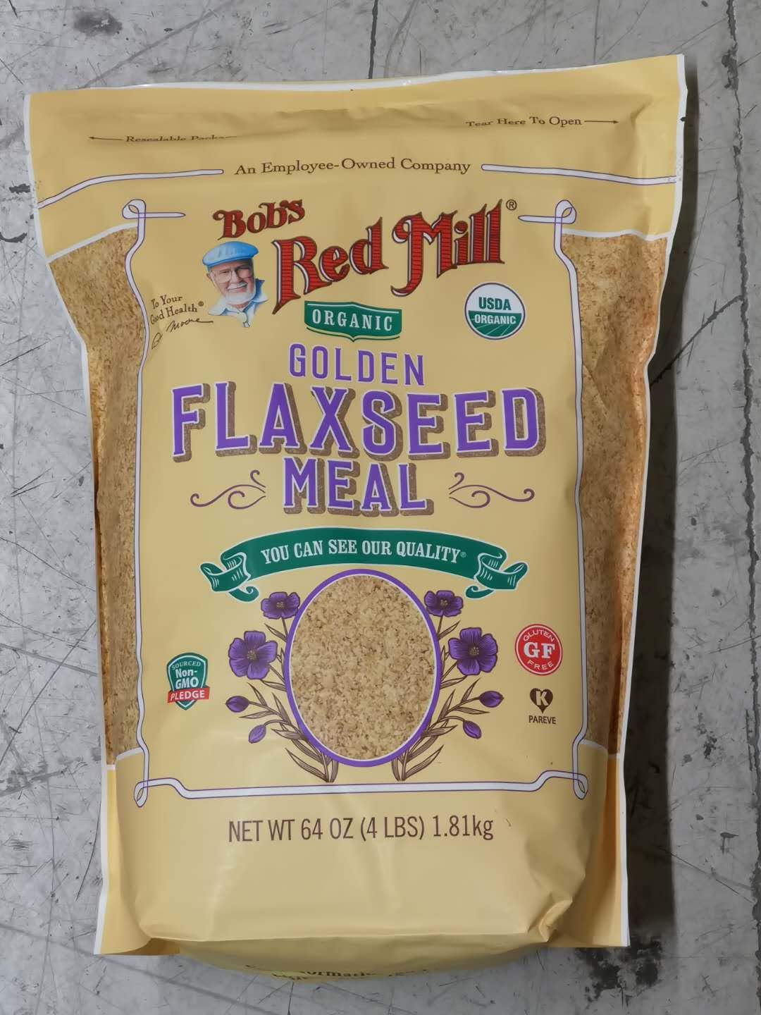 Bob's Red Mill Organic flaxseed meal, whole-ground, 64 oz, ideal for baking and smoothies.