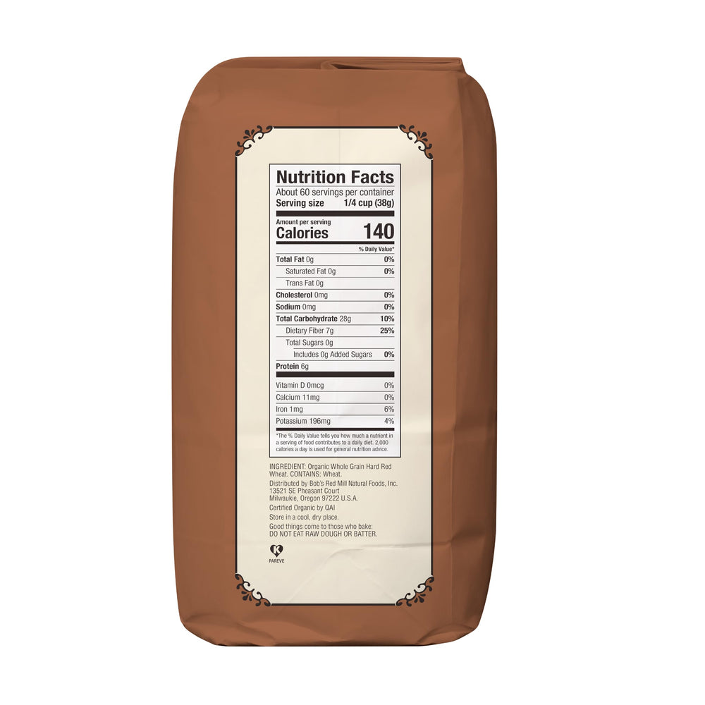 Bob's Red Mill organic whole wheat flour label close-up highlighting organic certification