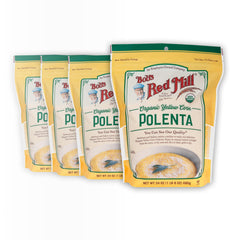 Bob's Red Mill organic corn polenta being poured for creamy breakfast porridge