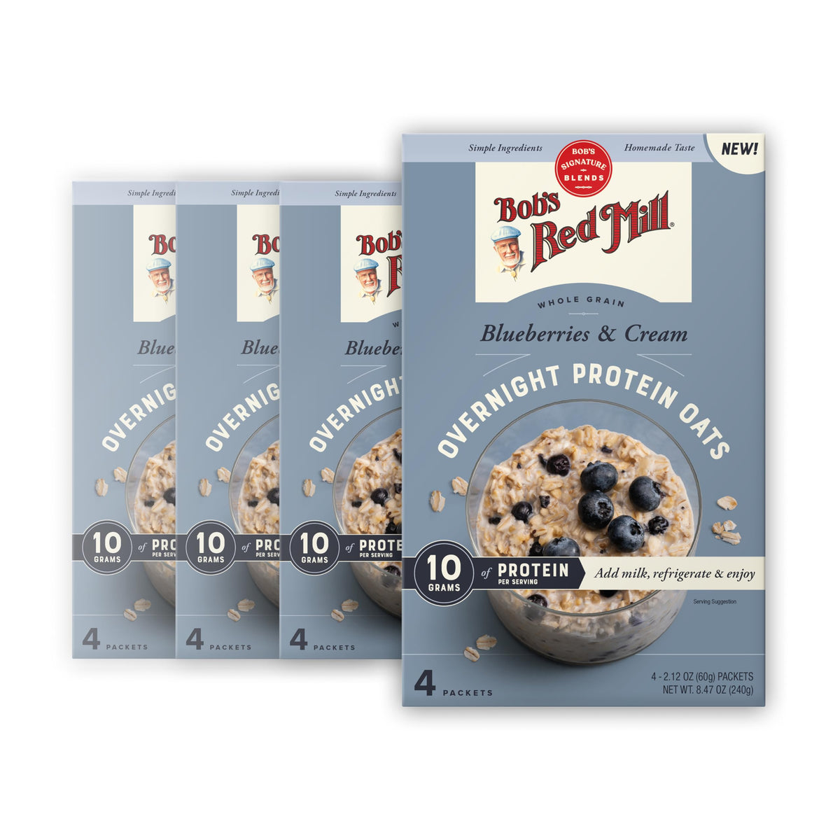 Bob's Red Mill Overnight Protein Oats Blueberries and Cream pack ready-to-mix for a protein-rich morning