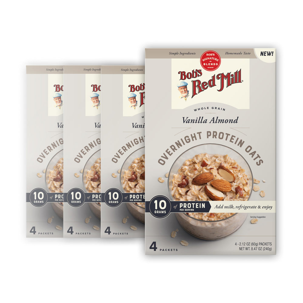 Bob's Red Mill Overnight Protein Oats box packaging, a protein-packed breakfast option