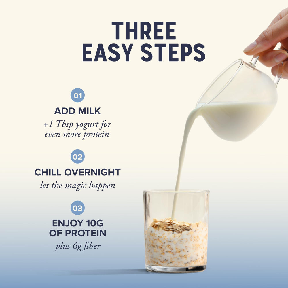 Bob's Red Mill Overnight Oats with milk being poured to soak overnight