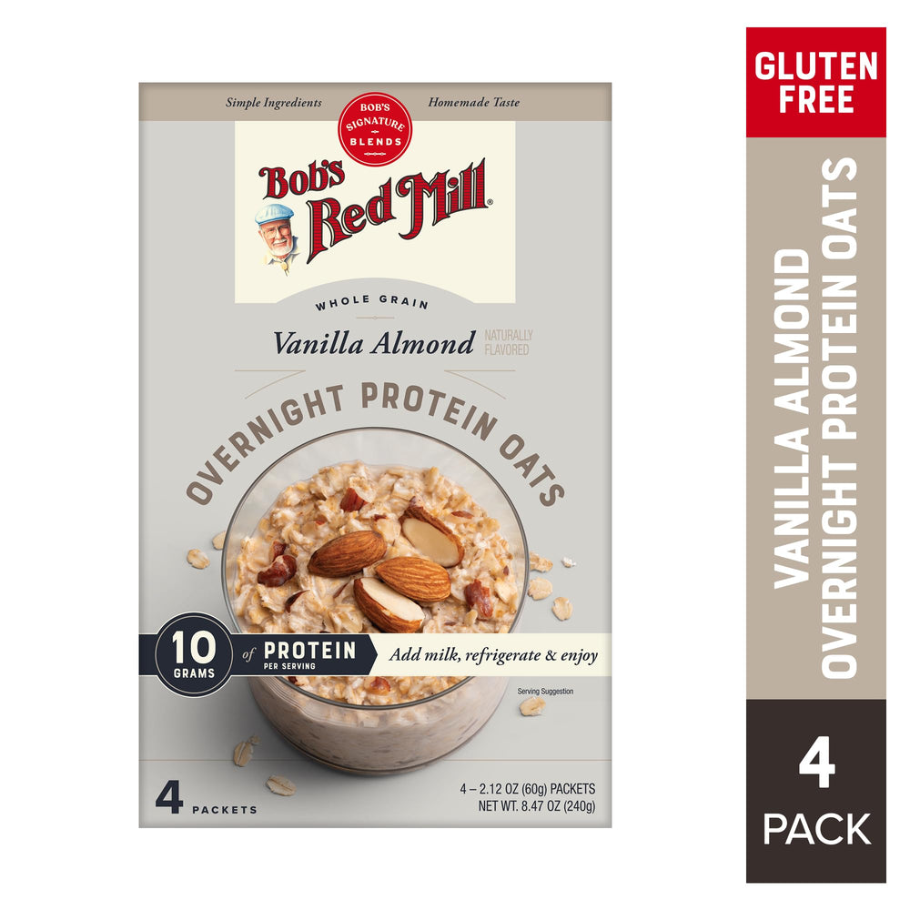 Bob's Red Mill Overnight Protein Oats close-up showing protein-rich oats and seeds
