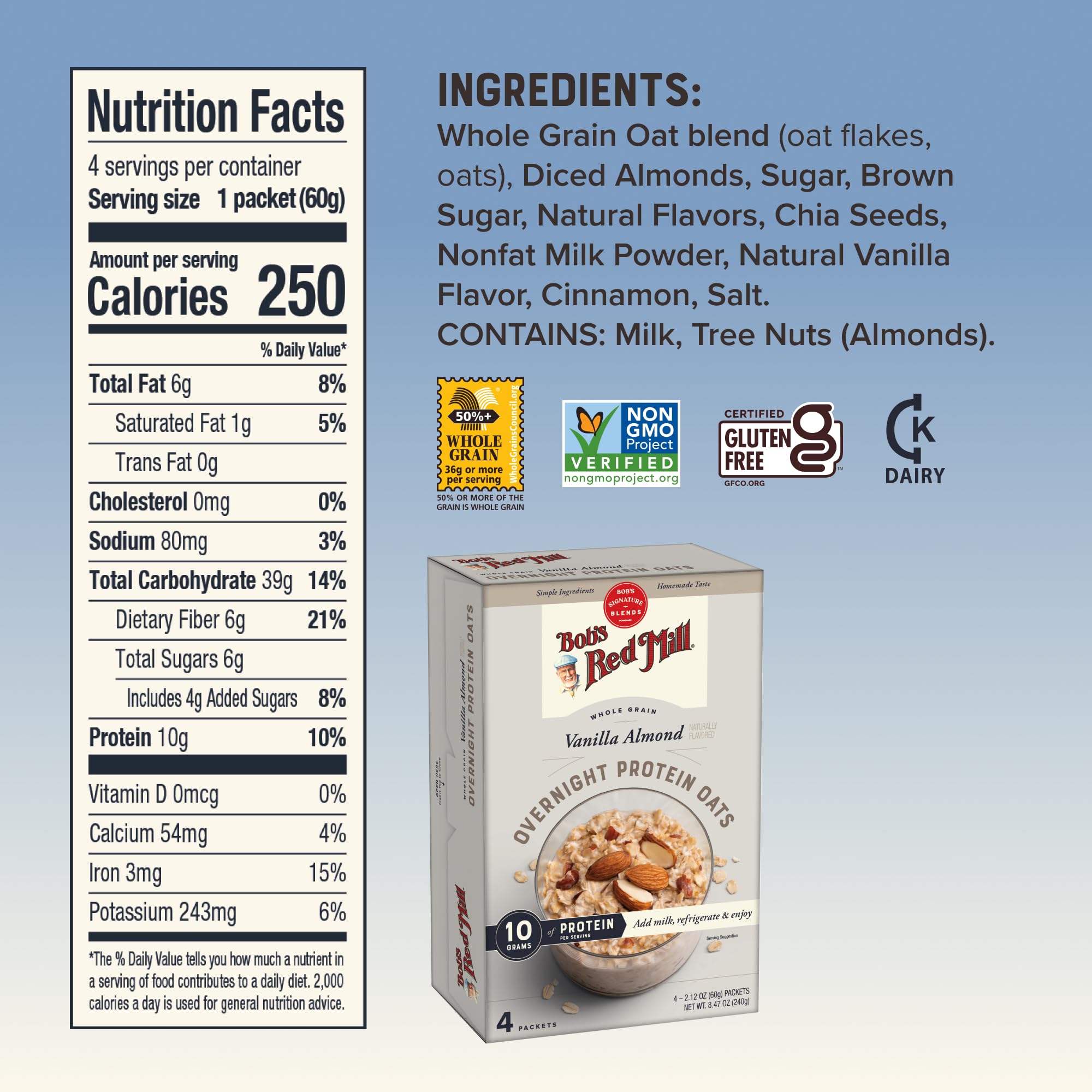 Bob's Red Mill Overnight Protein Oats Vanilla Almond serving cup, ready-to-eat morning protein boost