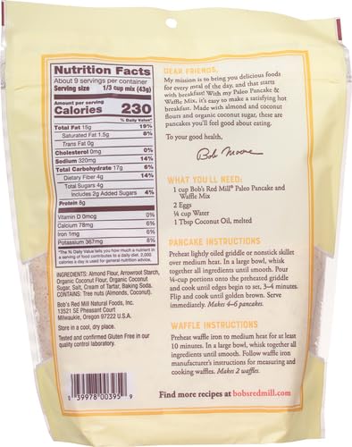 Bob's Red Mill Paleo Pancake ingredients highlight almond and coconut flours for texture.