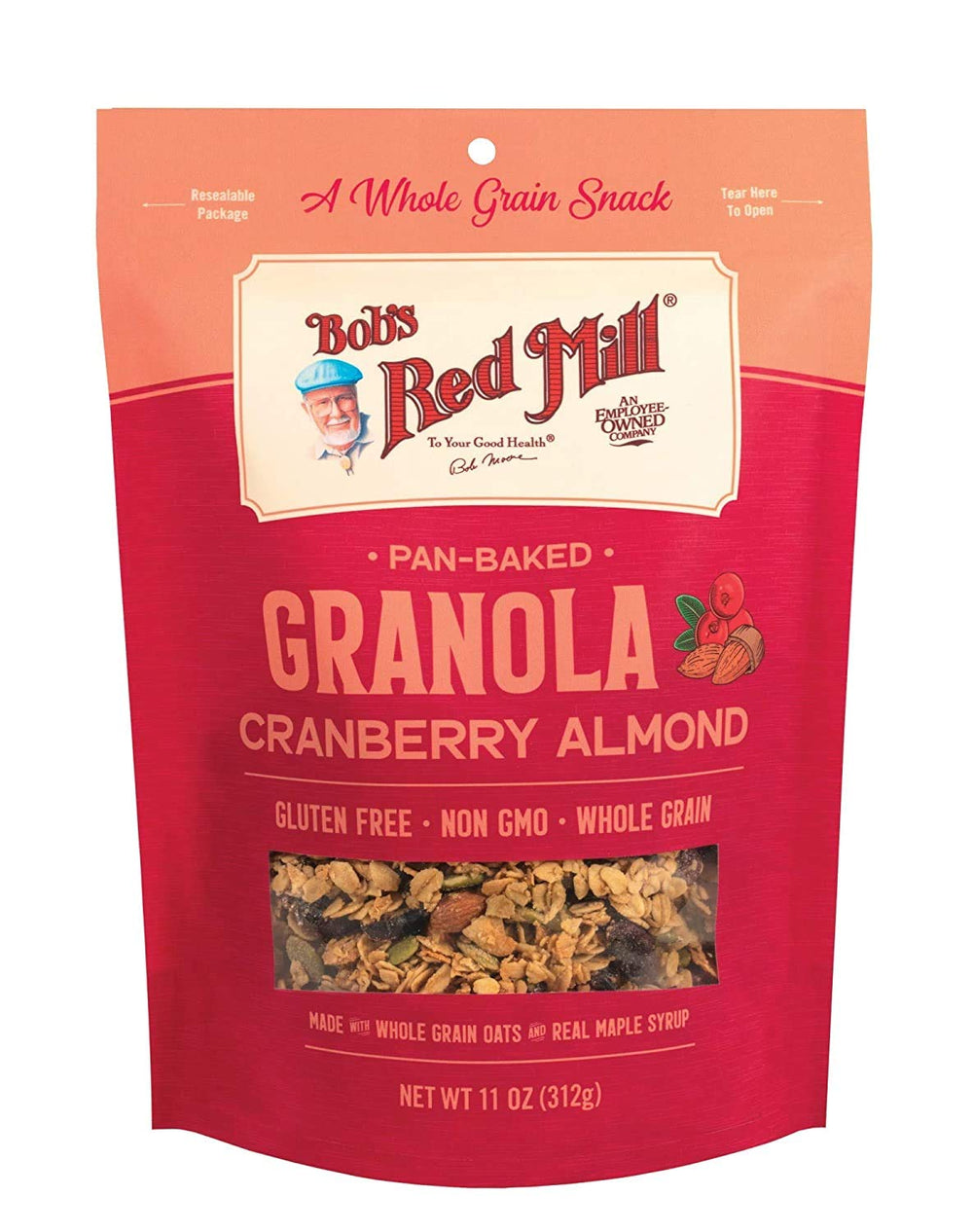 Bob's Red Mill Pan-Baked Granola Cranberry Almond clusters in a bowl for a satisfying breakfast snack.
