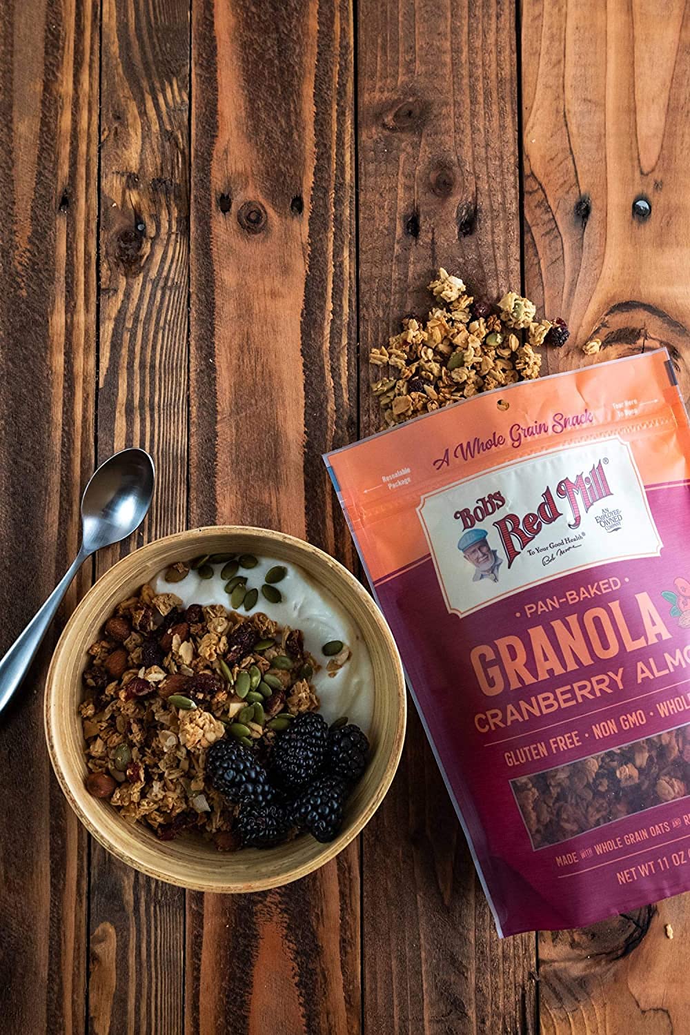 Grab-and-go snack with crunchy clusters from Bob's Red Mill Pan-Baked Granola Cranberry Almond.