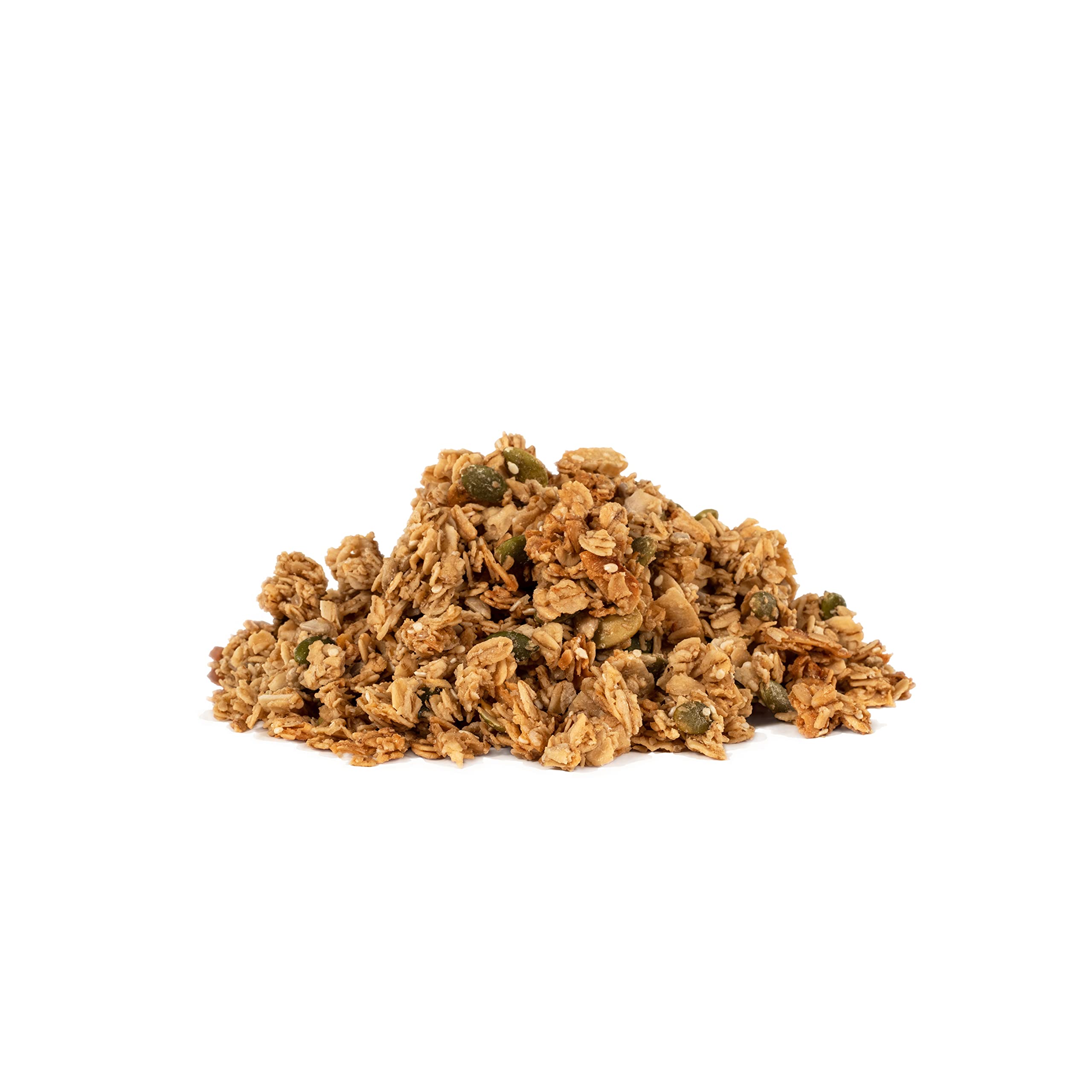 Bob's Red Mill granola closeup shows toasted oats with maple notes and salt crunch