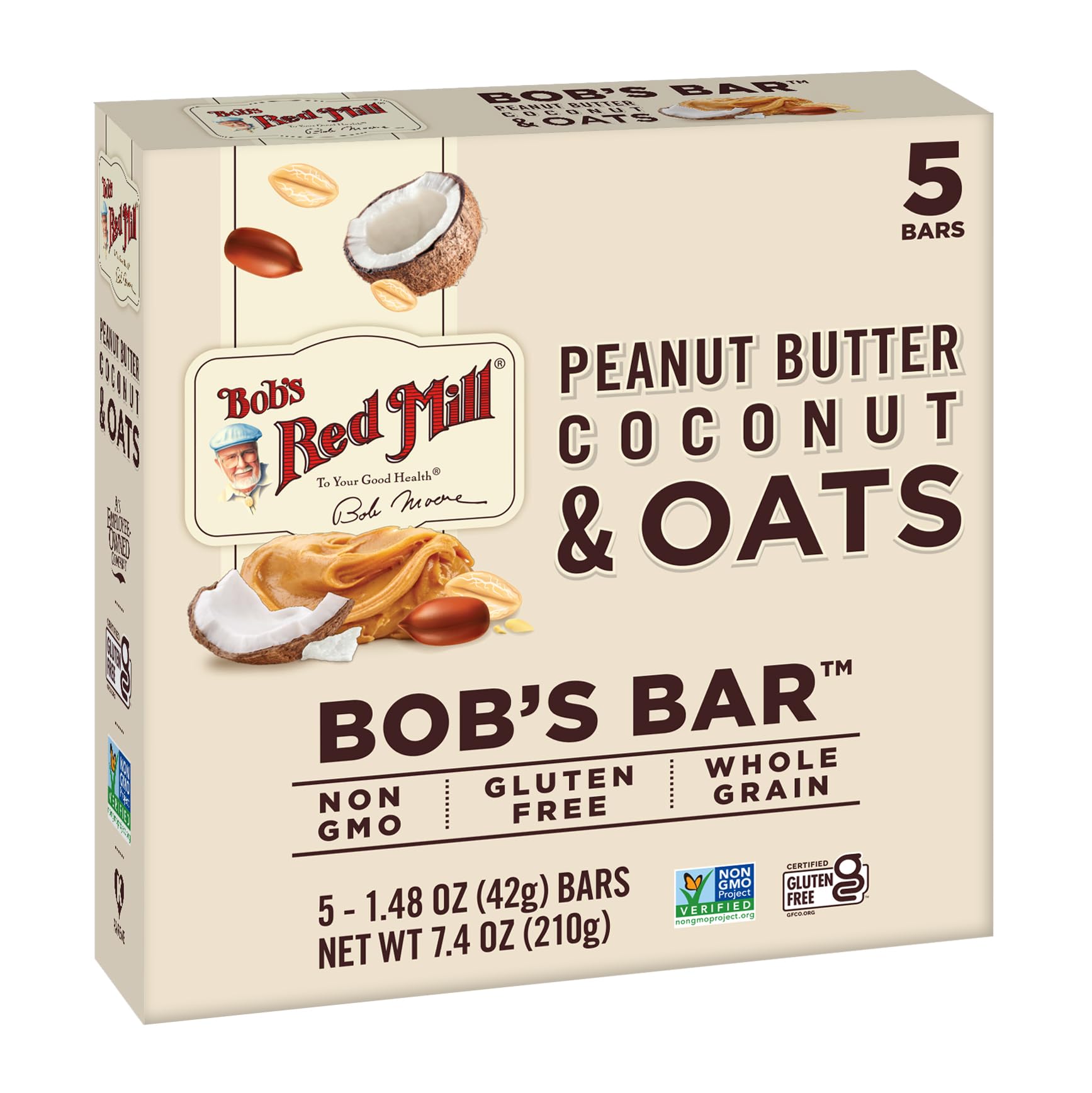 Bob’s Red Mill PB Coconut & Oats Bar 5-pack packaging shows convenient, shareable snack.