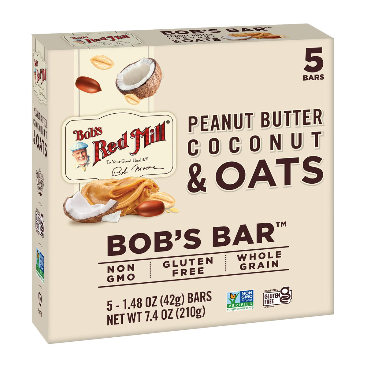 Bob’s Red Mill PB Coconut & Oats Bar 5-pack packaging shows convenient, shareable snack.