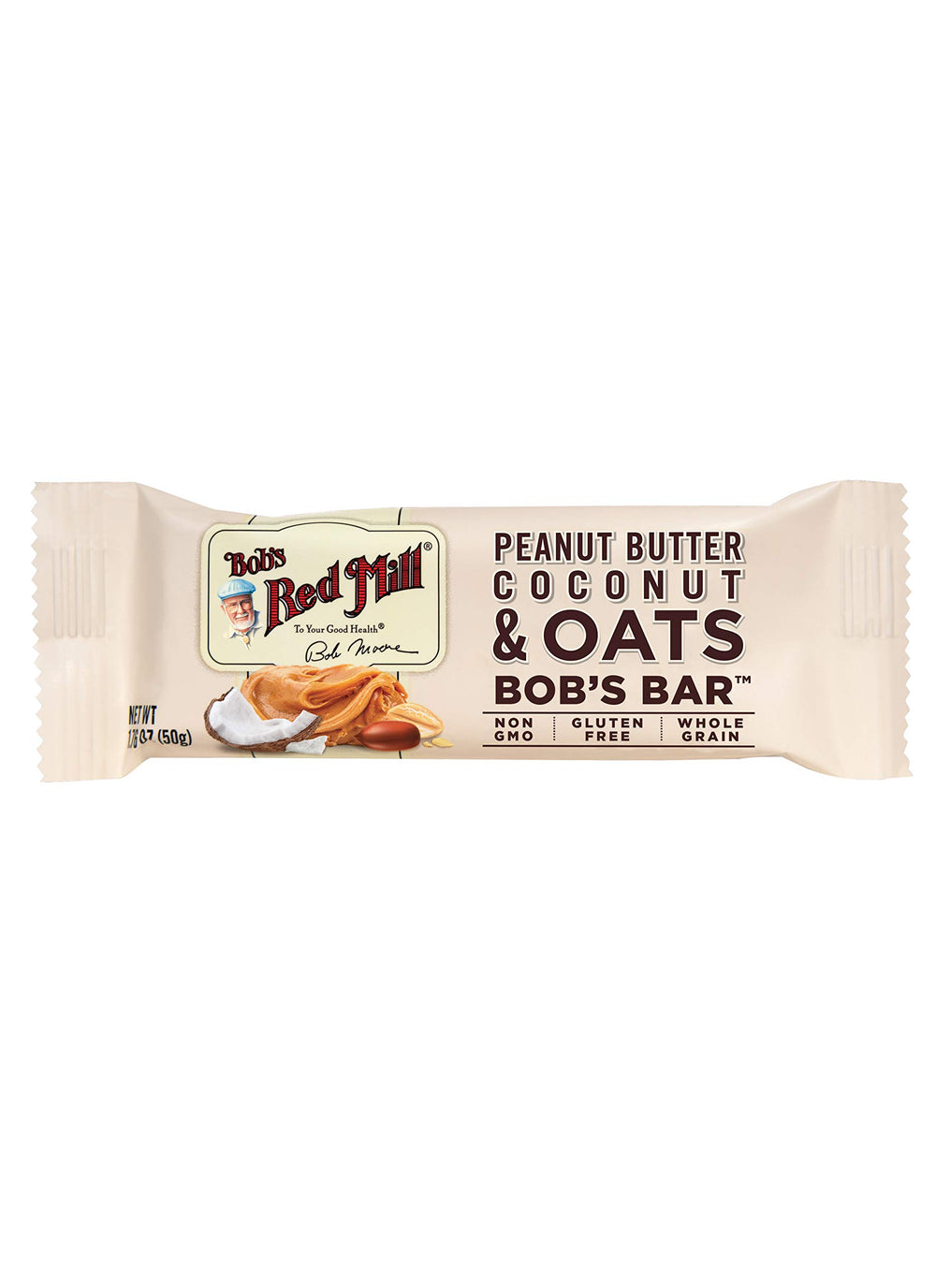 Bob's Red Mill peanut butter coconut oats bar close-up, highlighting wholesome ingredients for on-the-go snacking.