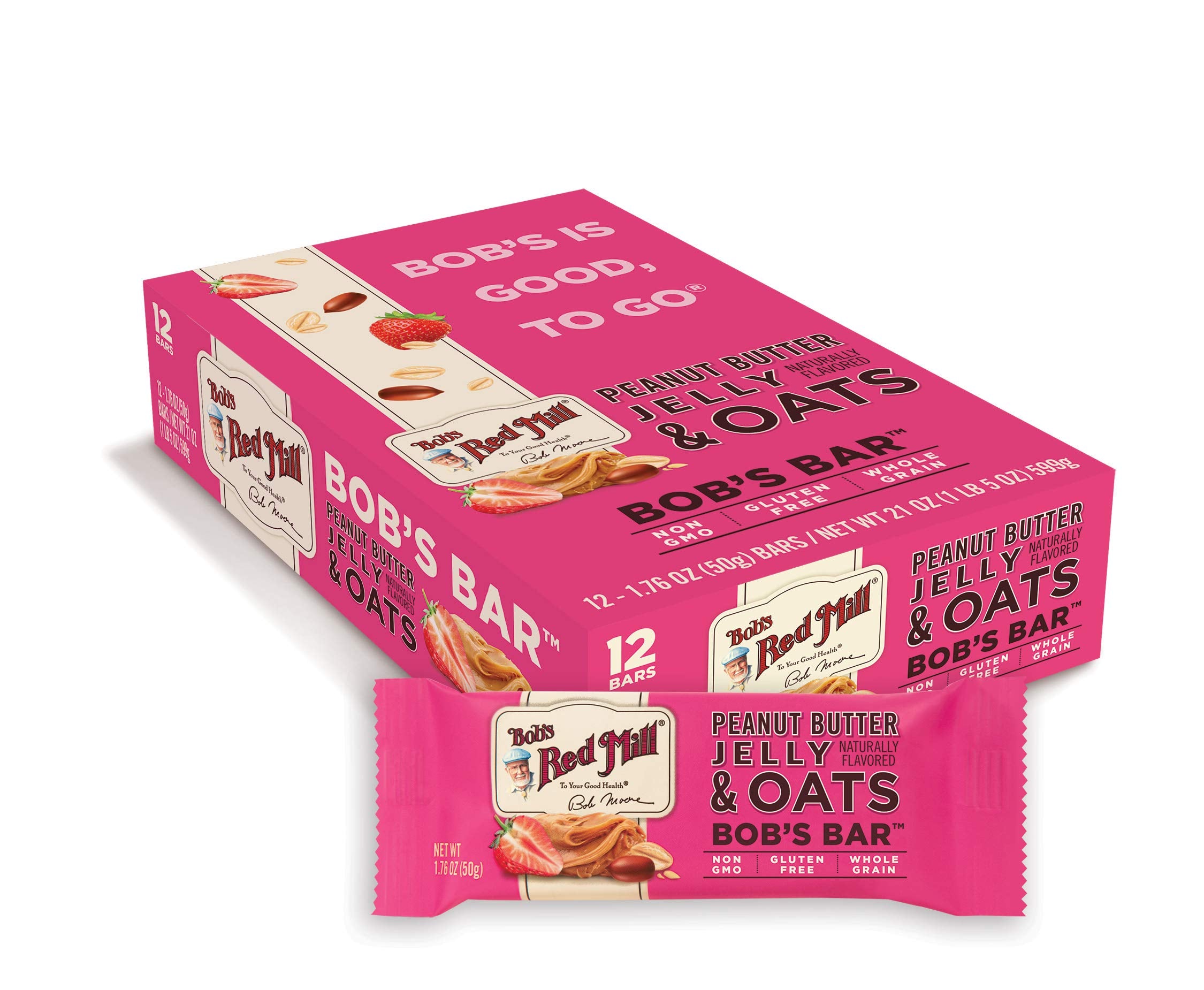 Sliced-open bar reveals honey swirl and PB filling in Bob's Red Mill PB&J bar.