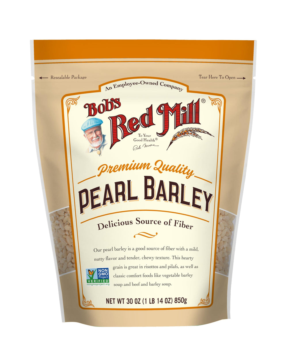 Bob's Red Mill Pearl Barley simmering soup pot adds chewy texture and fiber.