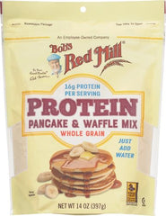 Bob's Red Mill Protein Pancake Mix prepared pancakes on a plate.