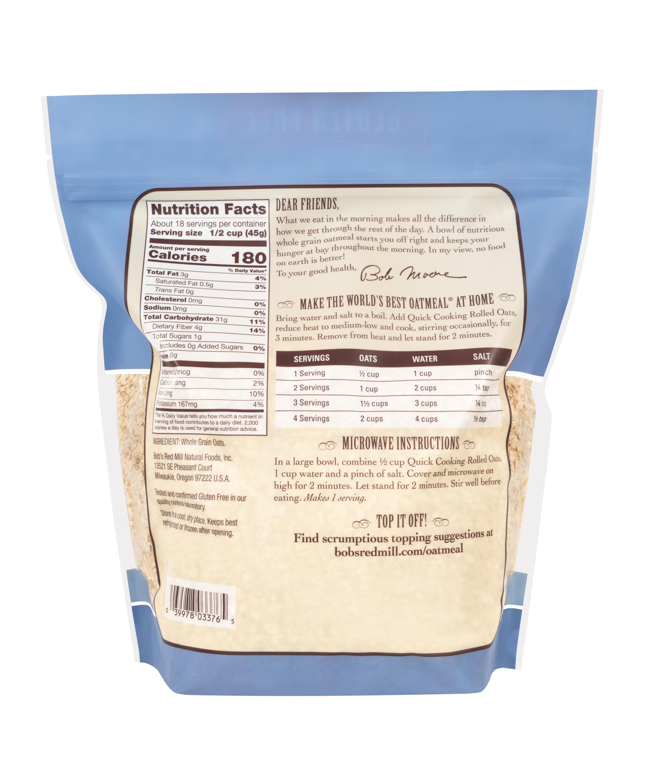 Bob's Red Mill quick cooking oats ideal for fast stovetop breakfasts.