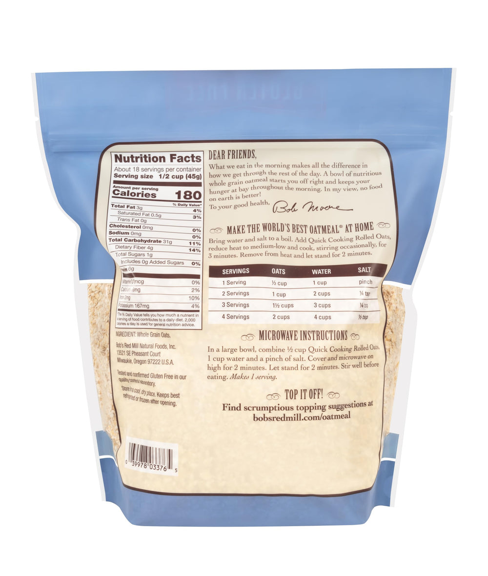 Bob's Red Mill quick cooking oats ideal for fast stovetop breakfasts.