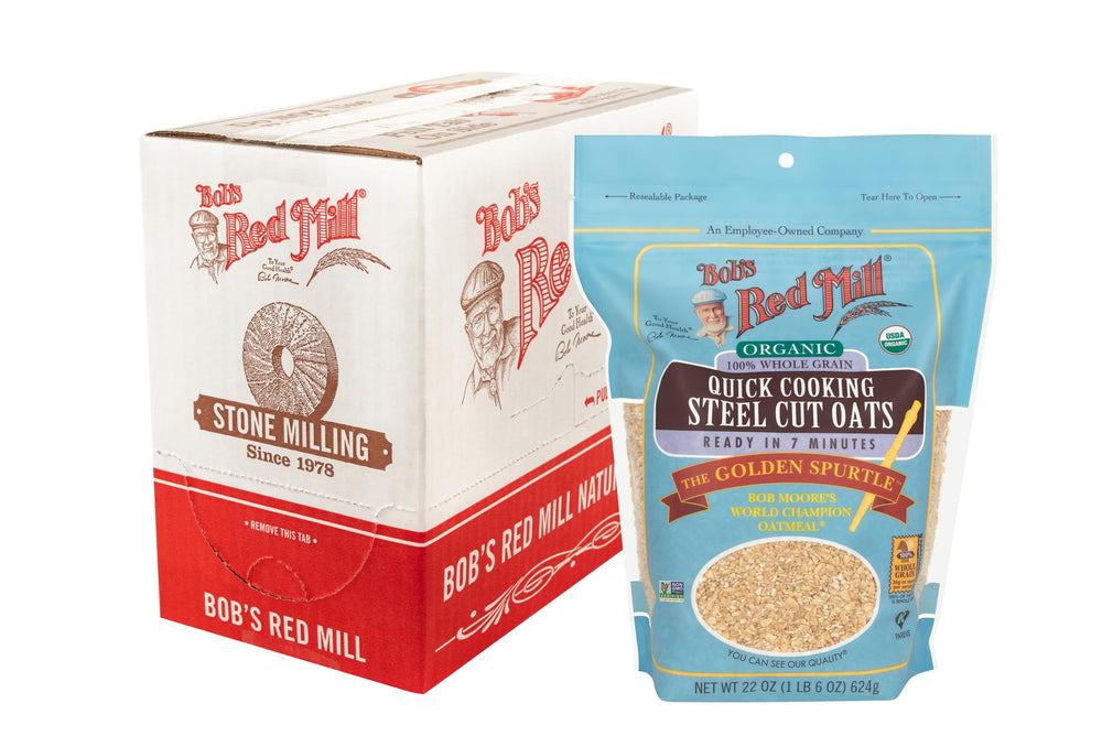 Bob's Red Mill quick cooking steel cut oats four-pack for convenient, hearty breakfasts.