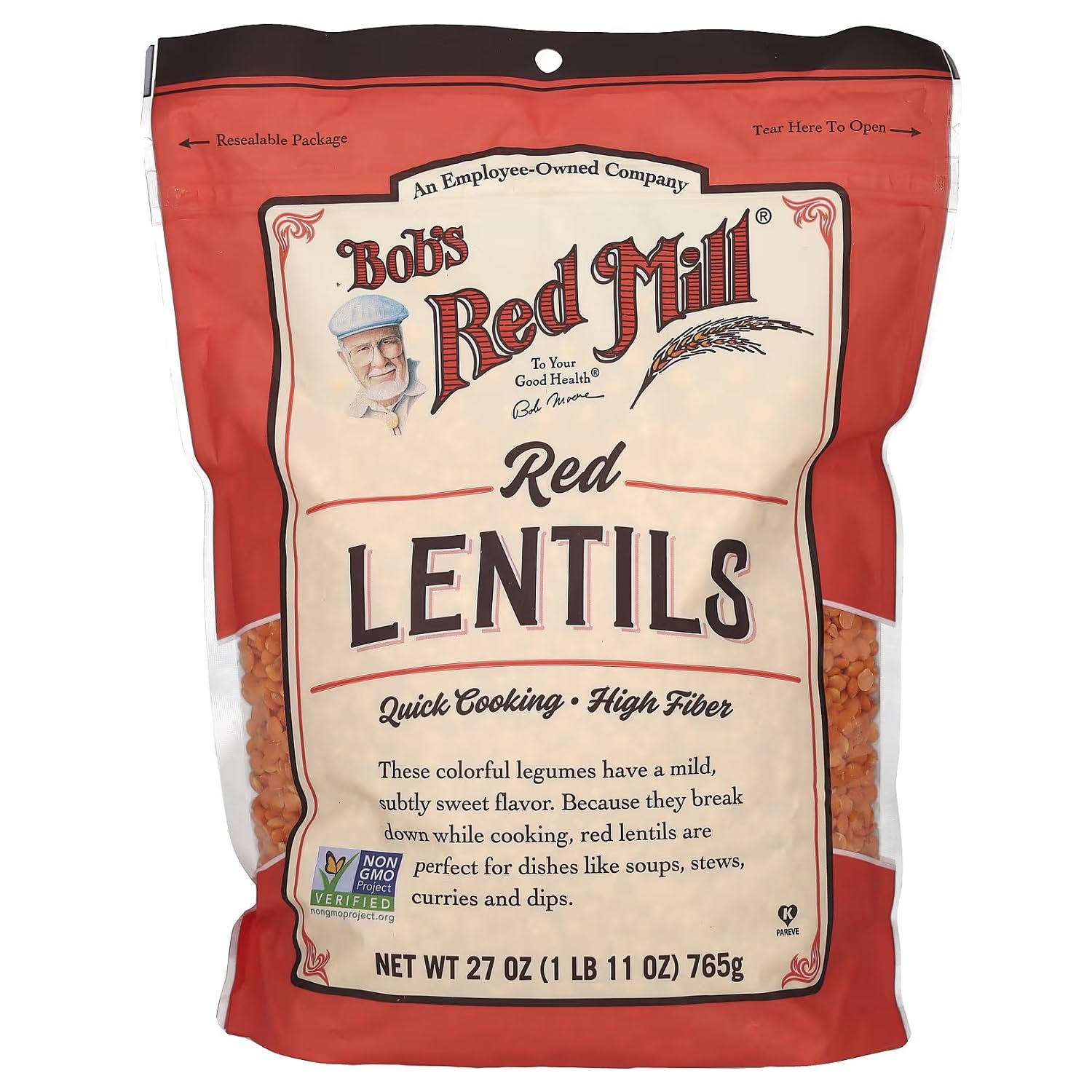 Bob's Red Mill red lentils in a dry bag, ideal plant protein for quick meals