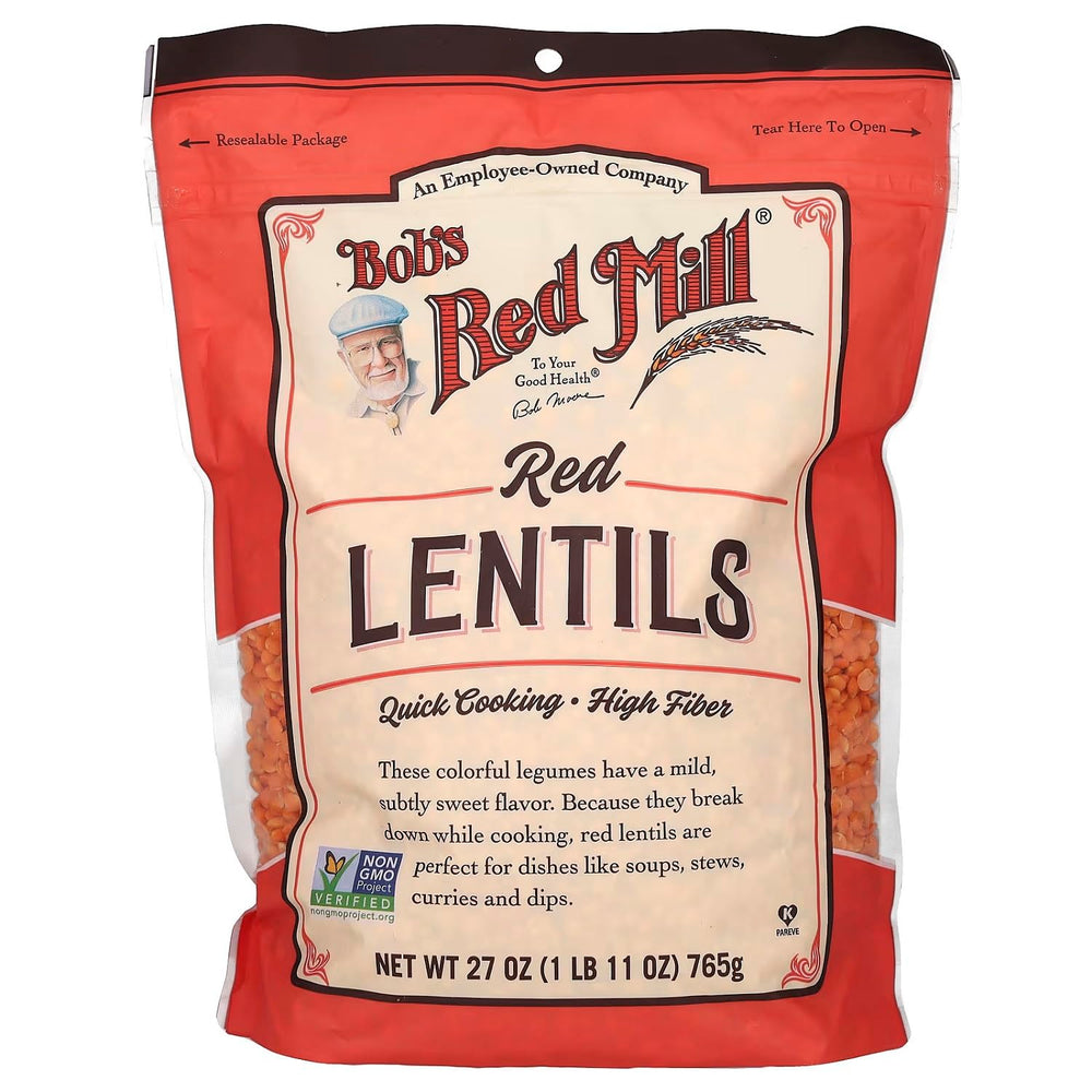 Bob's Red Mill red lentils in a dry bag, ideal plant protein for quick meals