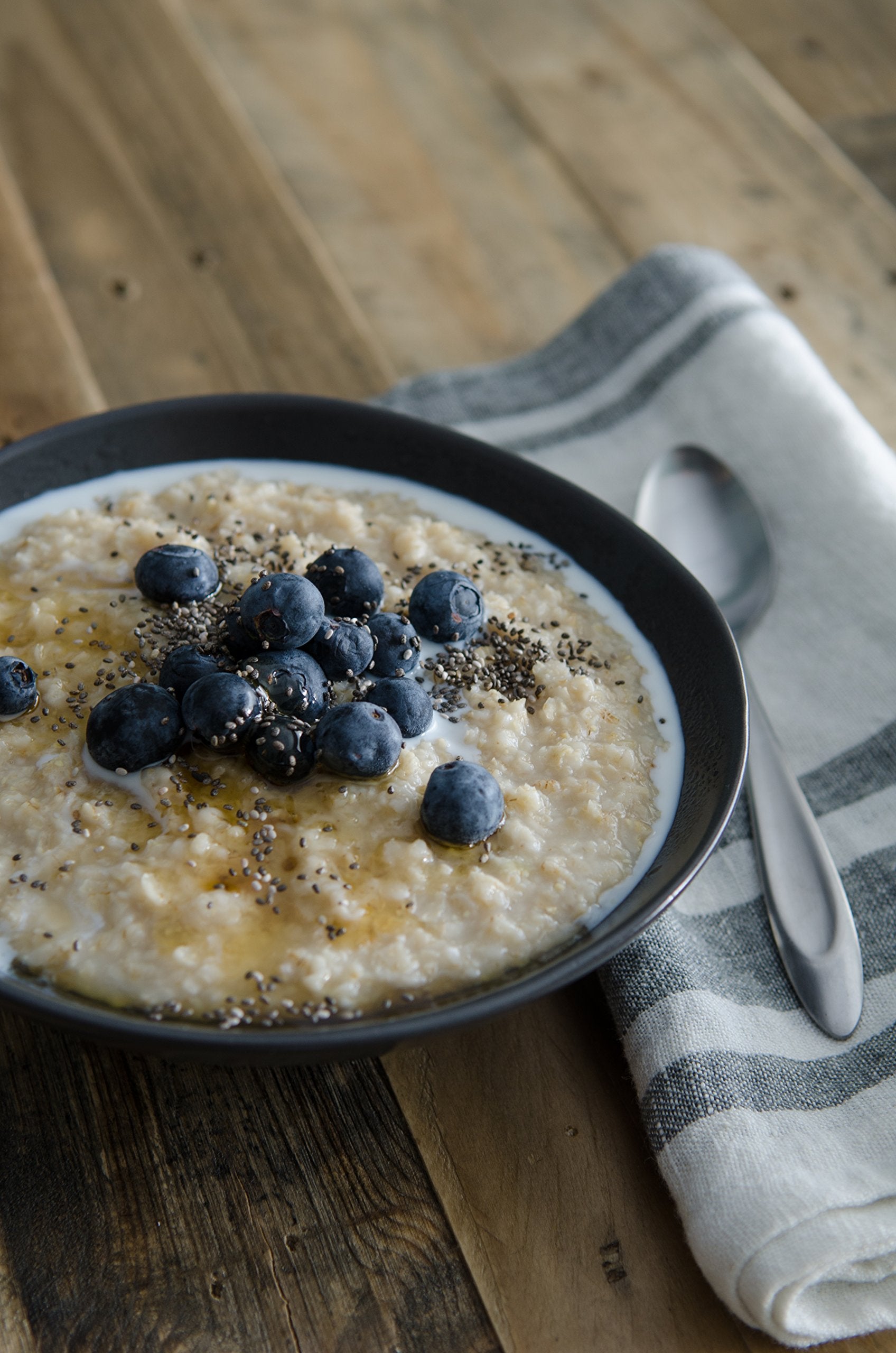 Bob's Red Mill oats cook in about five minutes on stove or microwave.