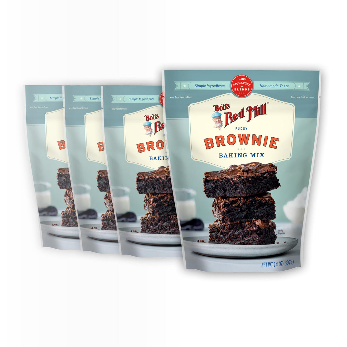 Bob's Red Mill Signature Brownie Mix four-pack front view for quick fudgy brownies.