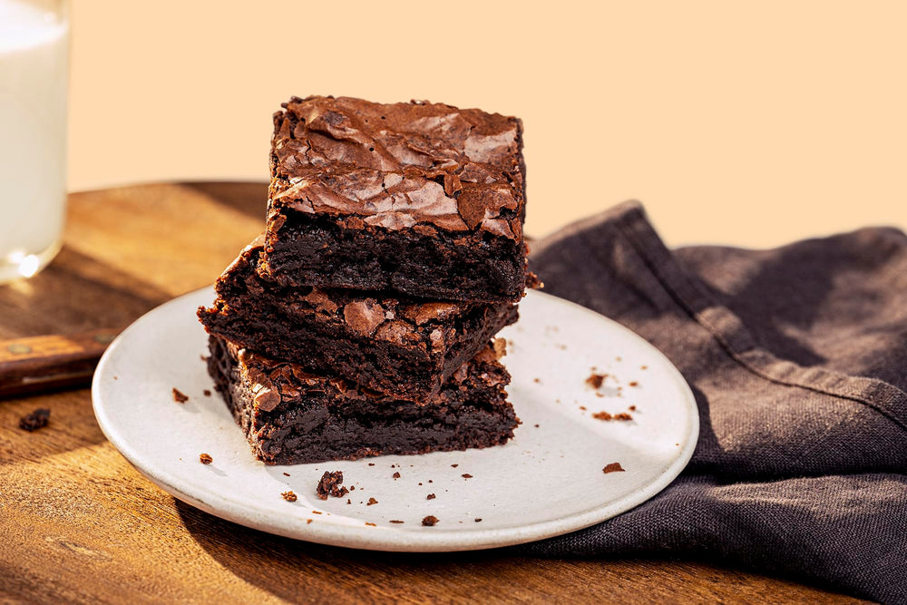Glossy crackly top brownie slice made with Bob's mix.