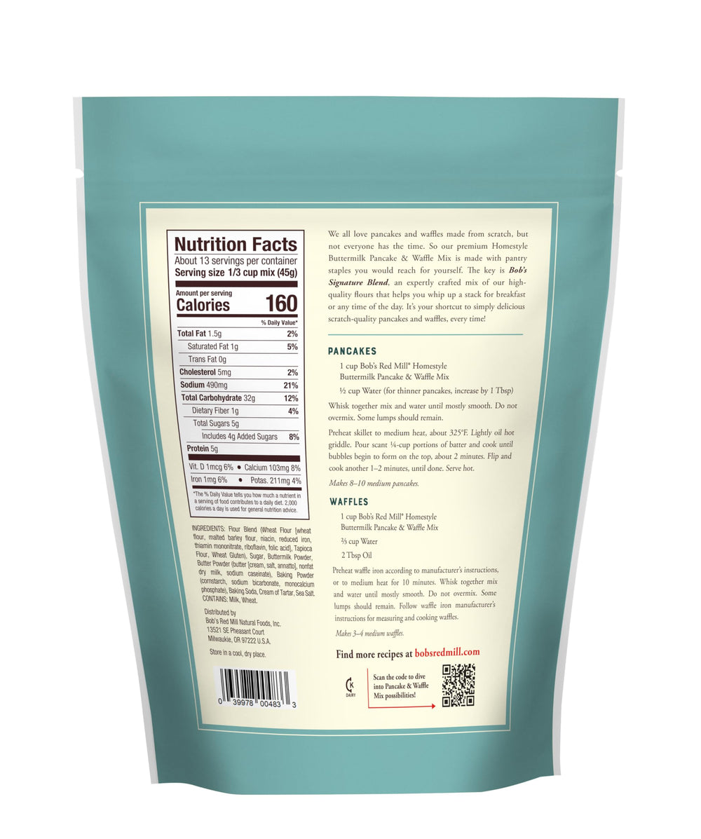 Bob's Red Mill Signature Pancake Mix batter pour showing simple prep.