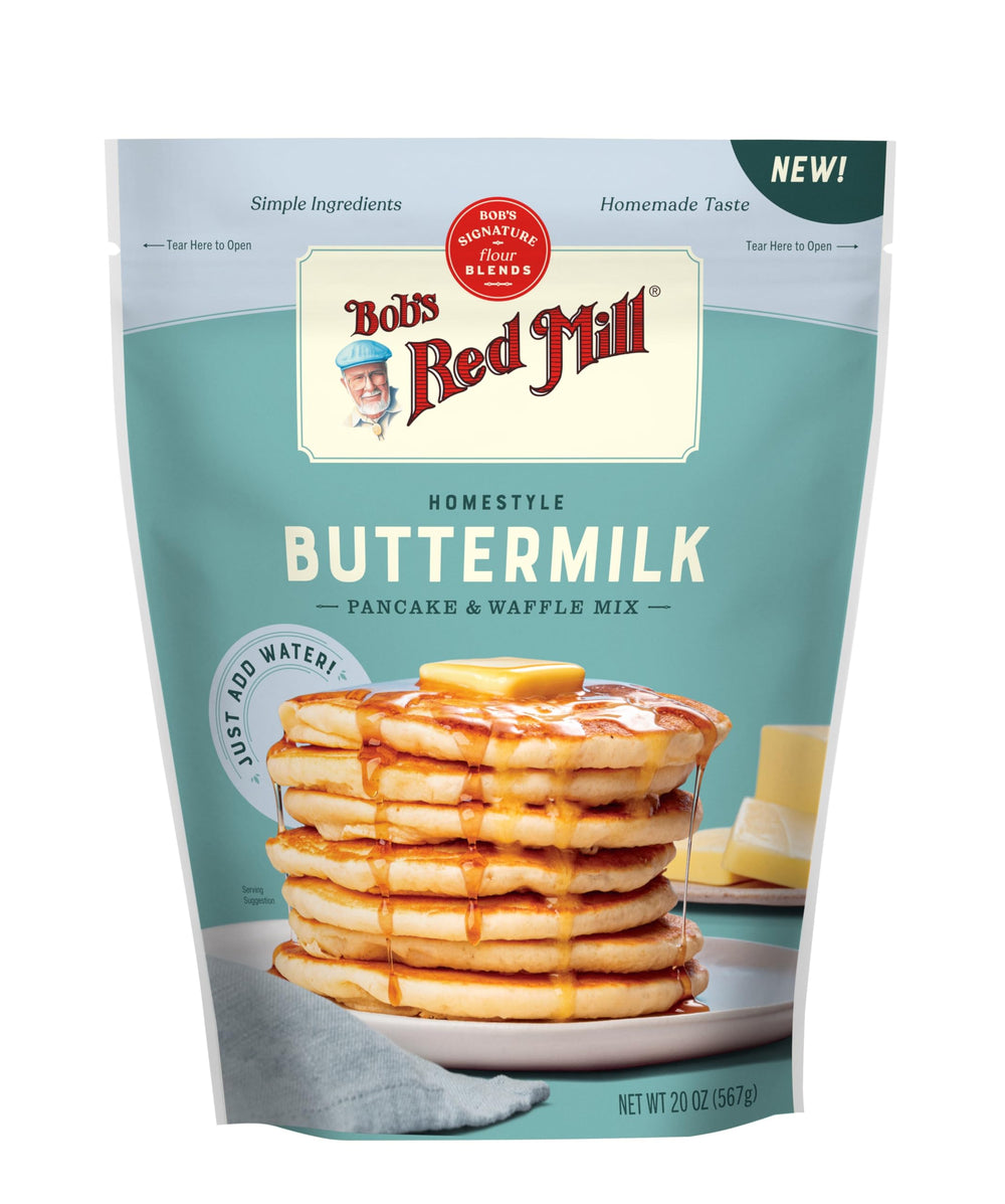 Bob's Red Mill Signature Pancake Mix pancakes stack shows golden, fluffy results.