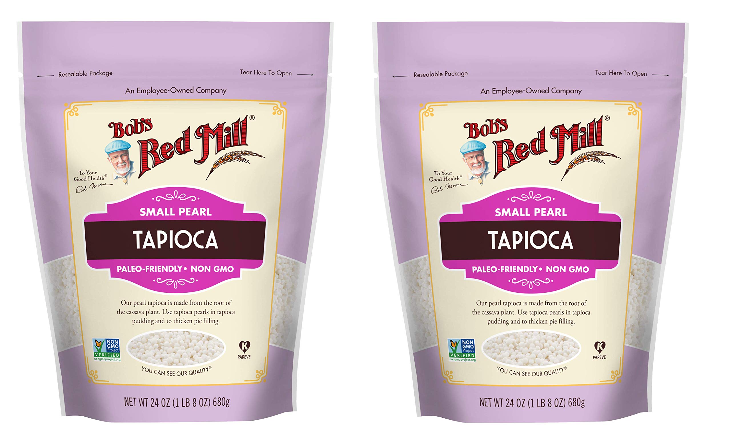 Bob's Red Mill small pearl tapioca packaging, two-pack, ideal for creamy puddings.