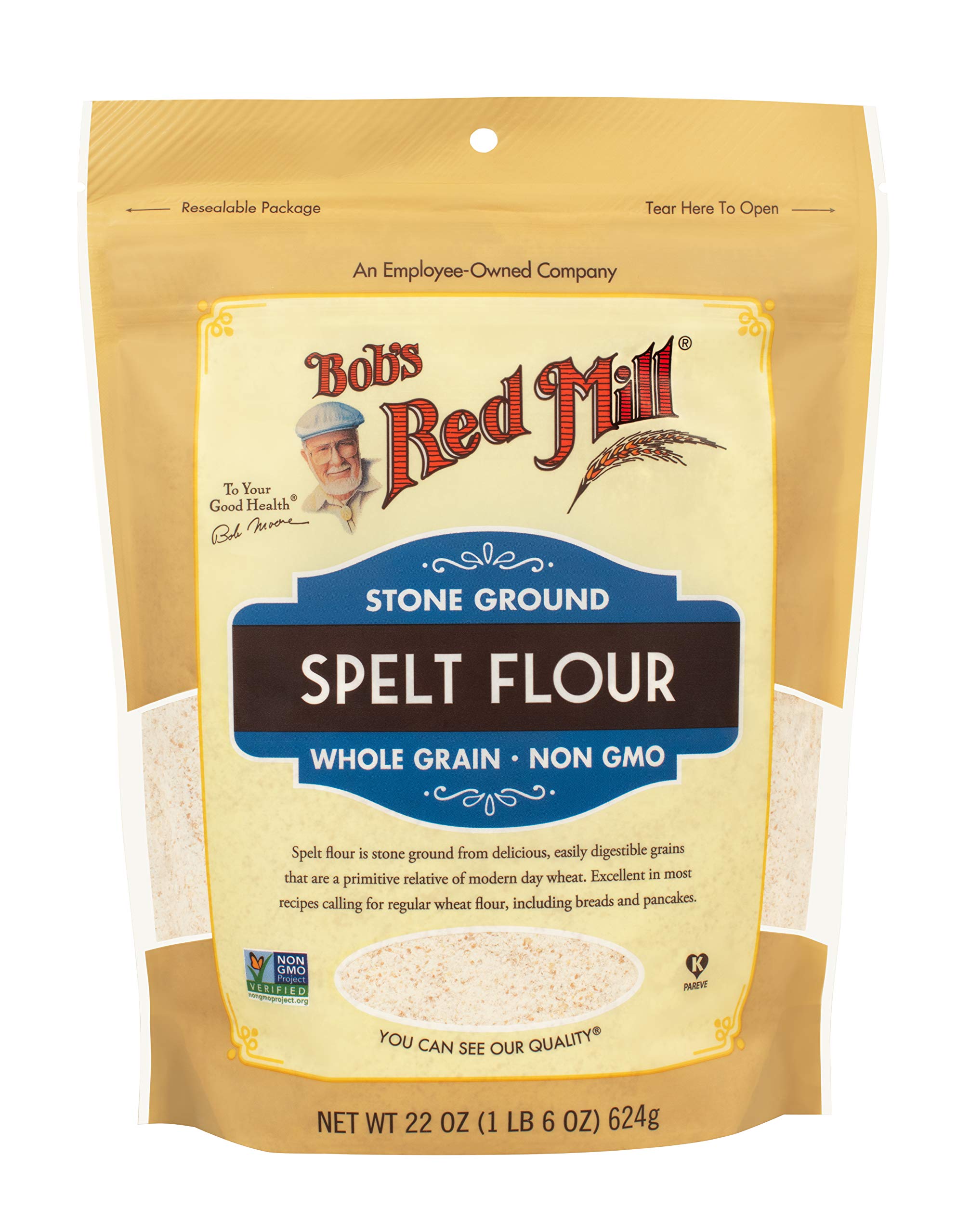 Bob's Red Mill Spelt Flour bag on counter for versatile baking.