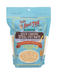 Bob's Red Mill steel cut oats cooking setup with pot emphasizes quick prep.