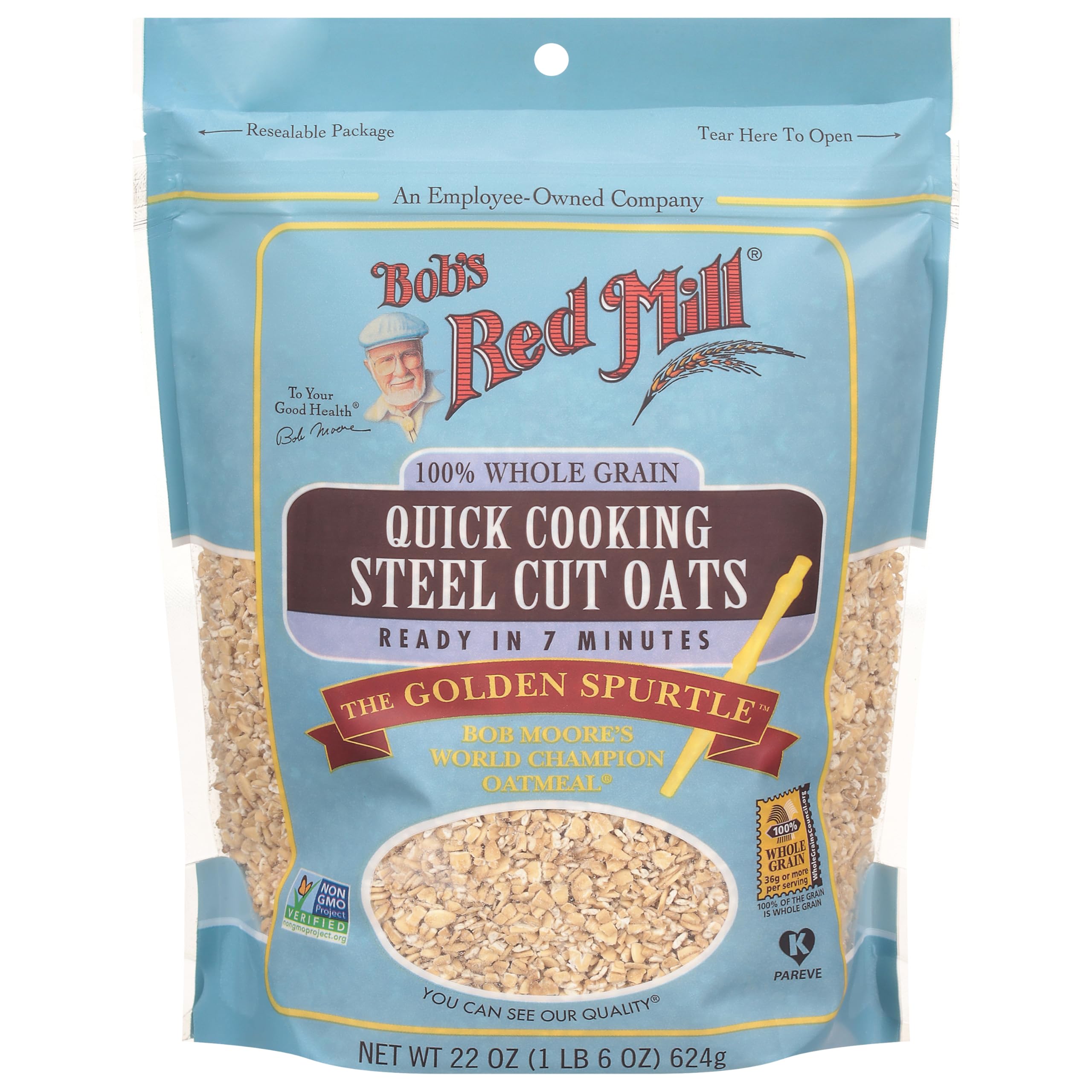 Close-up of Bob's Red Mill steel cut oats texture showing a firm bite.