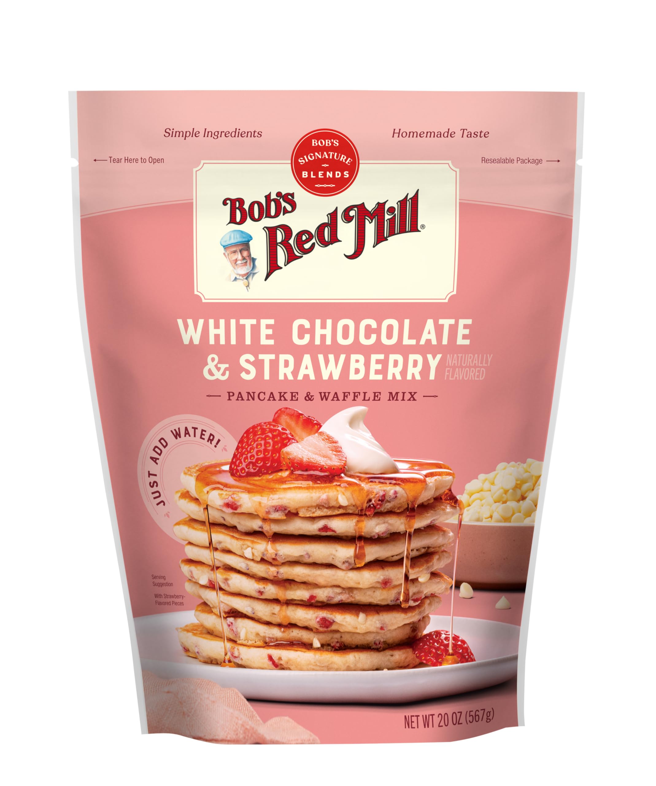 Strawberry pieces visible in Bob's Red Mill pancake mix.