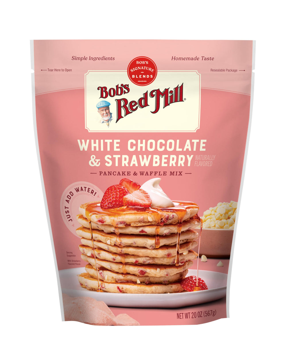 Strawberry pieces visible in Bob's Red Mill pancake mix.