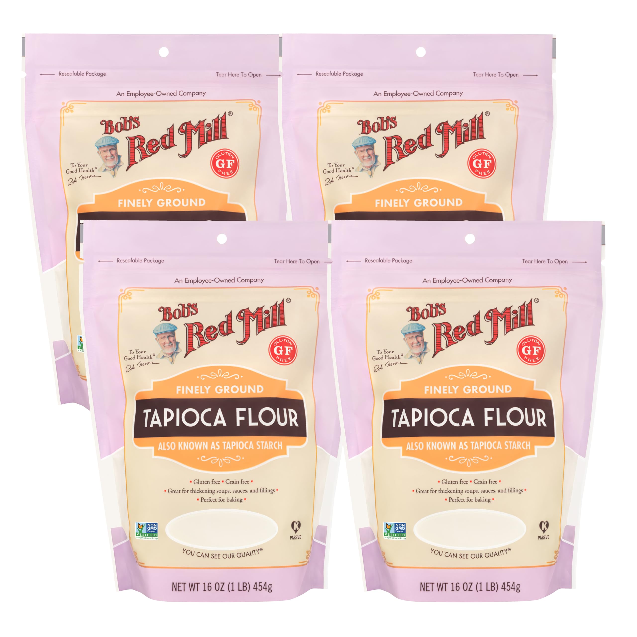 Bob's Red Mill tapioca flour 4-pack bag highlights gluten-free baking versatility.