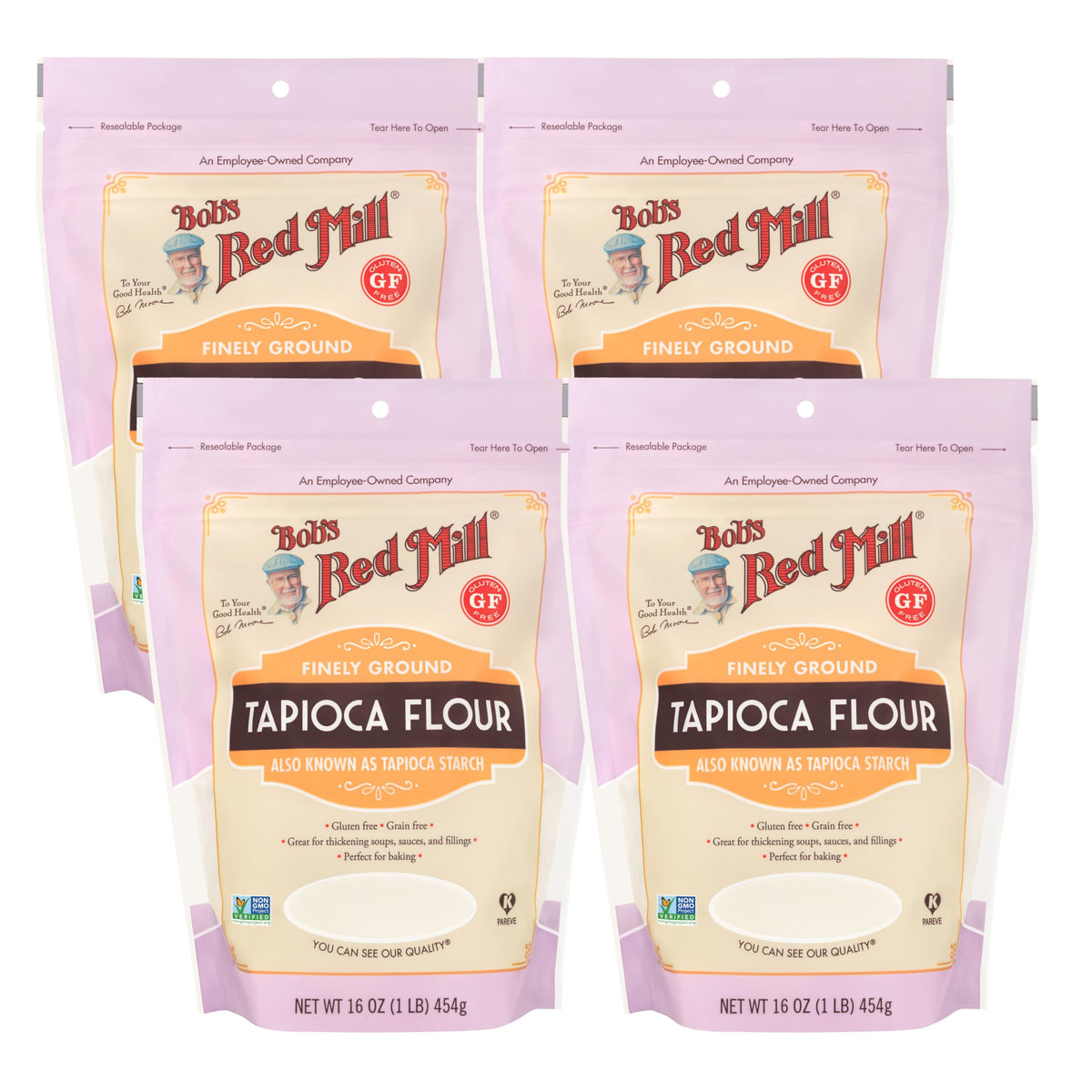 Bob's Red Mill tapioca flour 4-pack bag highlights gluten-free baking versatility.