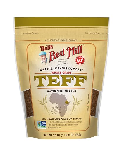 Bob's Red Mill Teff Flour bag in a bowl ready to bake