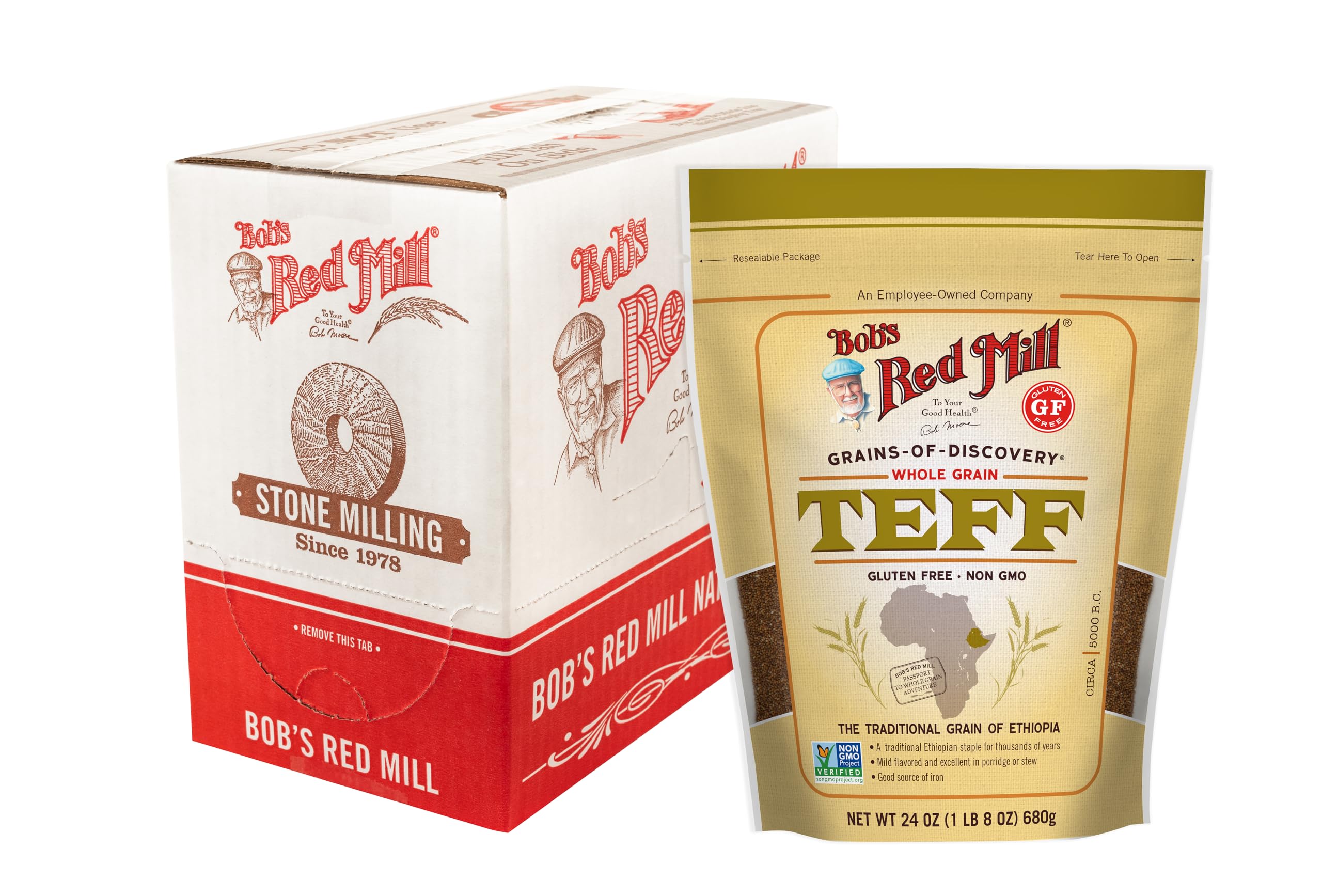 Bob's Red Mill Teff Flour packaging showing gluten-free whole grain product