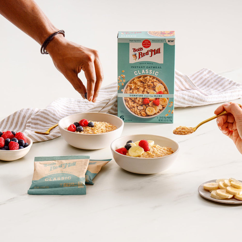 Bob's Red Mill travel-friendly oats image highlights breakfast at home, work, or trail.