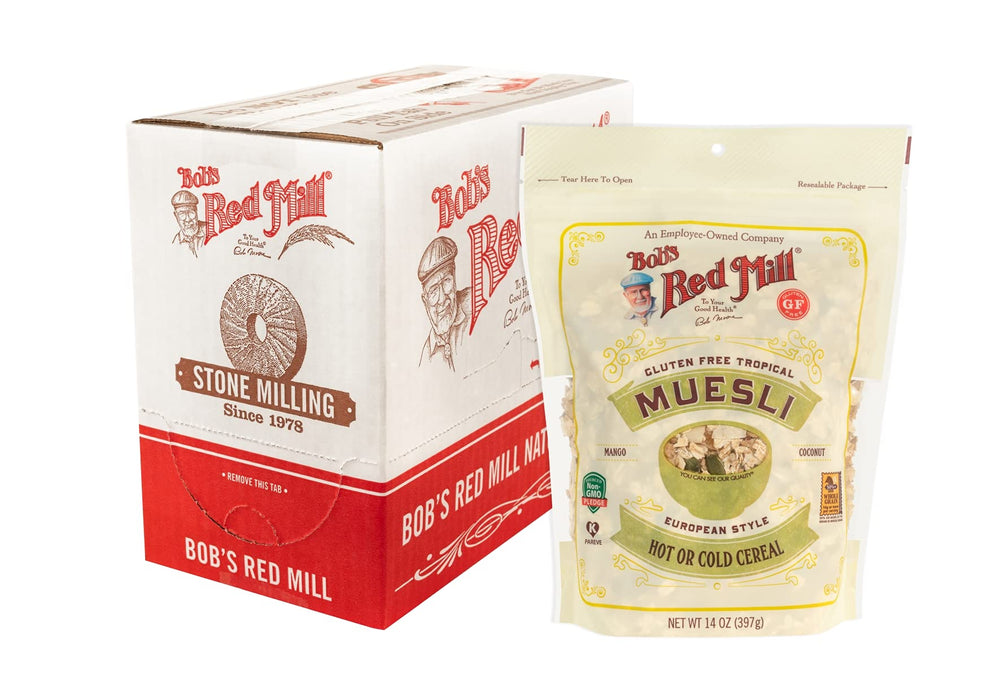 Bob's Red Mill Tropical Muesli pack front showing gluten free labeling