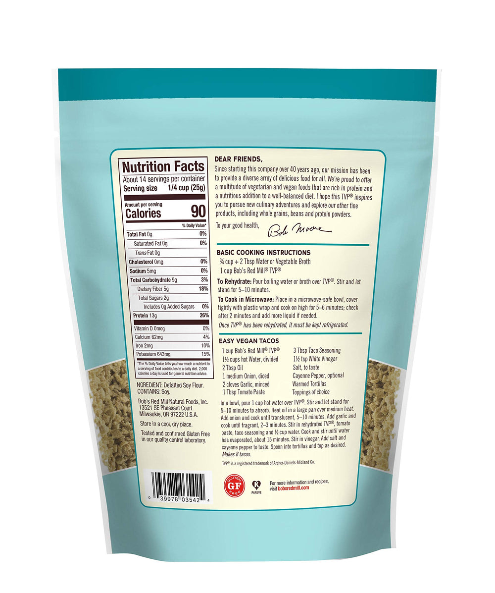 Bob's Red Mill TVP being measured, highlighting a low fat, high protein ingredient for meals.