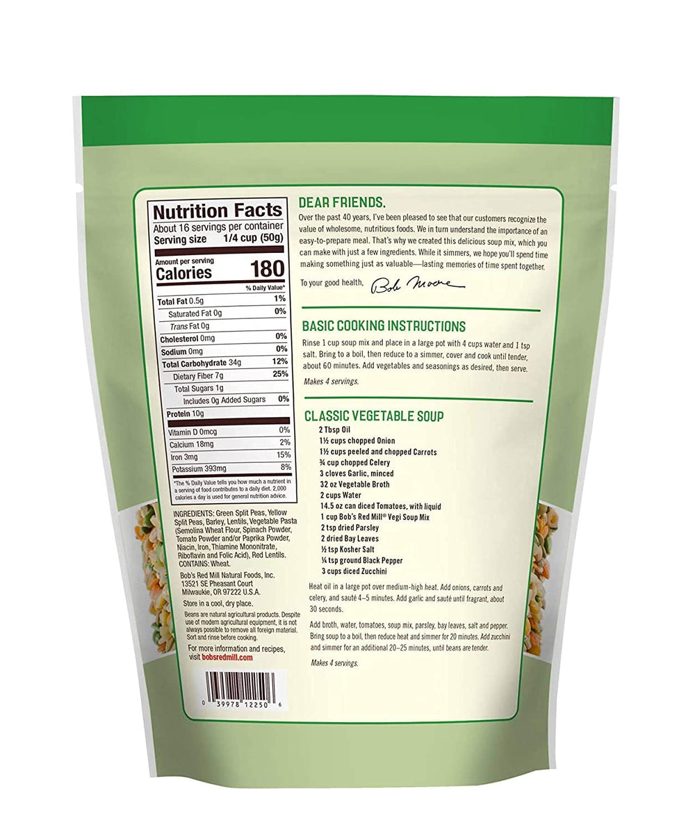 Close-up of green and yellow split peas, barley, lentils, and pasta in Vegi Soup Mix.