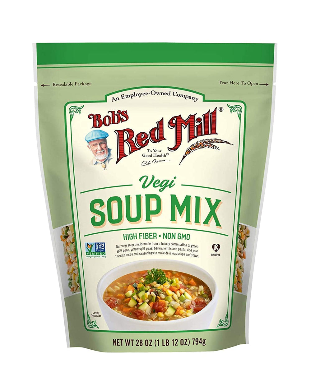 Bob's Red Mill Vegi Soup Mix packaging showing ingredients for a hearty plant-based meal.