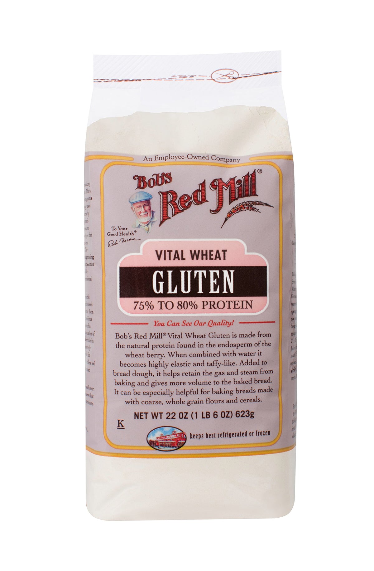 Bob's Red Mill Vital Wheat Gluten Flour bag front, ideal for enhancing bread texture