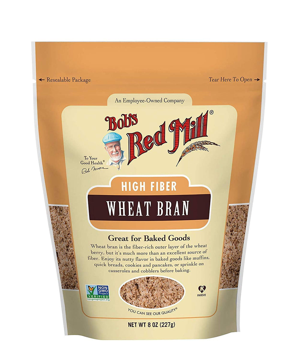 Bob's Red Mill Wheat Bran bag showing high-fiber baking ingredient for cereals and baked goods.