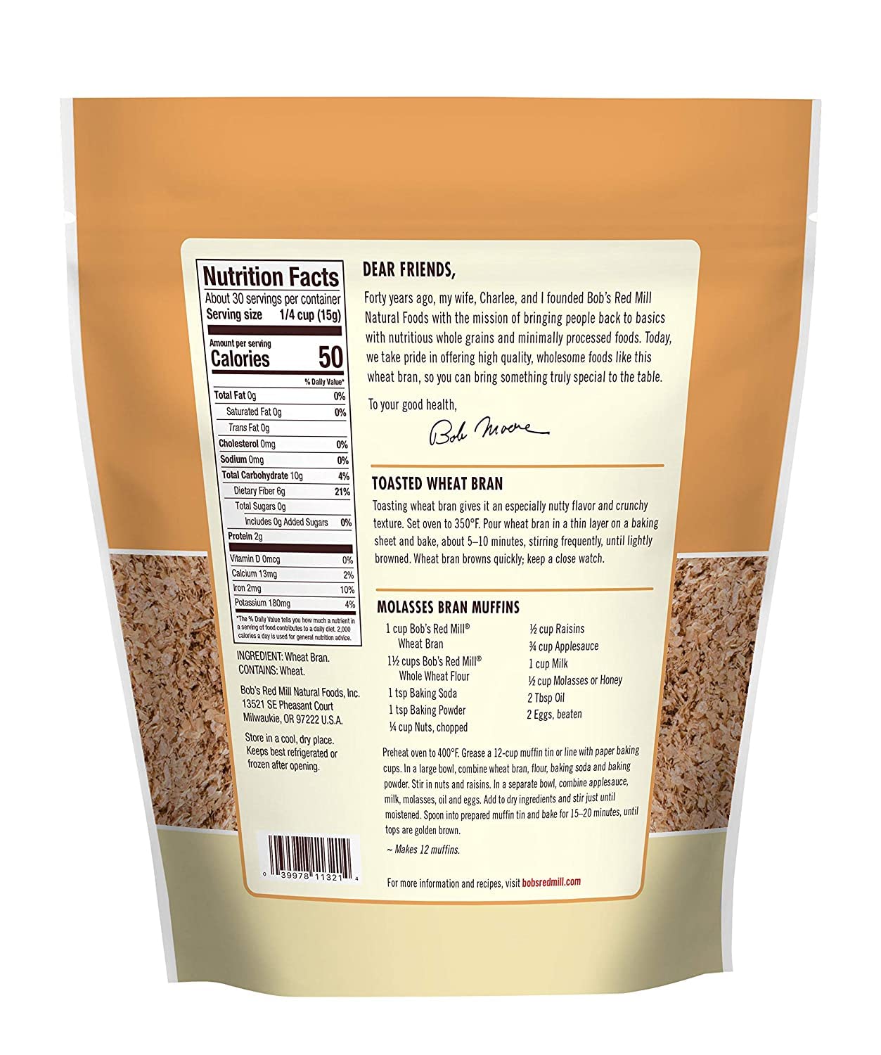 Bob's Red Mill Wheat Bran bag close-up showing natural fiber-rich texture.